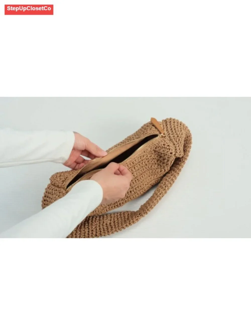 Woven Straw Hobo Shoulder Bag with Zipper, Retro Half Moon Tote Purse for Summer